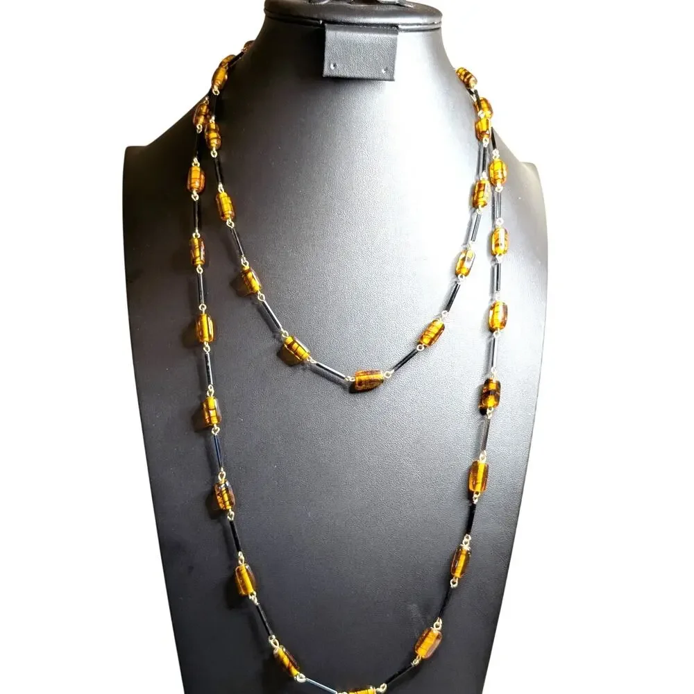Vintage Amber Glass Black Bar Beaded 54